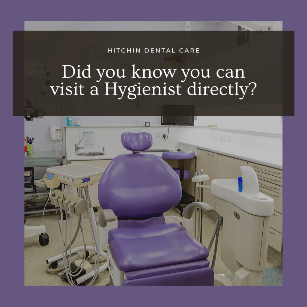 Purple dental chair in a practice with text reading: Did you know you can visit a hygienist directly?